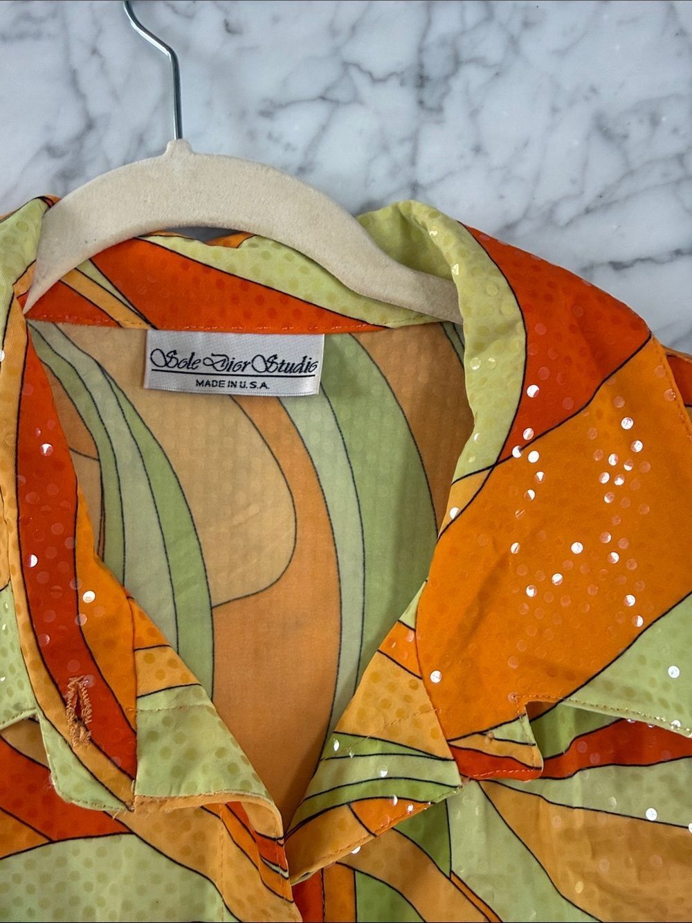 Vintage 70’s Sole Dior Studio 1X Swirl Print Button-Up Top Jacket Sparkle Sequin - Picture 6 of 15